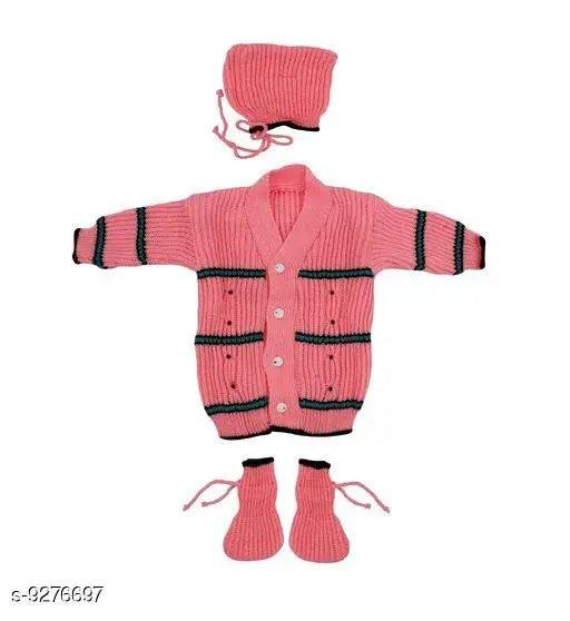Pink wool sweater, long sleeves, striped pattern for infant, size 0-6 months, made in India