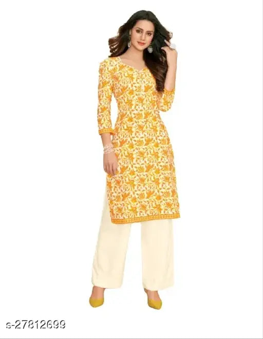 Vibrant printed cotton kurta & rayon palazzo set, perfect for summer comfort and stylish phone storage