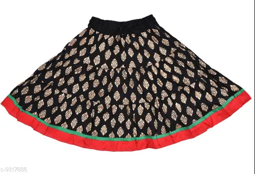 DIAMO Girls' cotton lehenga choli set in Jaipuri Rajasthani gold booti print, suitable for 12-18 months, featuring a sleeveless top and lace stitch detail