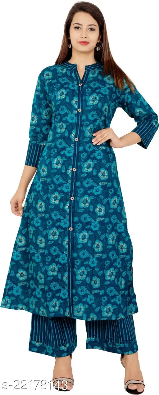 Printed net cotton Myaza women's kurta and palazzo set, three-quarter sleeves, S-XXL, Indian ethnic wear for ladies