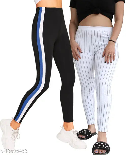 Cotton blend printed yoga jeggings combo pack of 2 for women's active wear, featuring side stripes and varied sizes from 26-34 inches (India origin)
