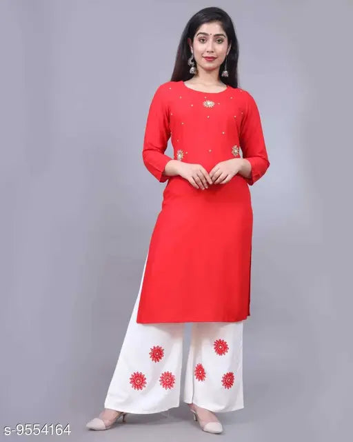 Rayon A-line self-design long kurti with palazzo set, three-quarter sleeves, Indian rayon fabric for women's fashion