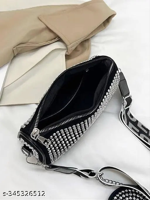 White & Black PU Rhinestone Mini Crossbody Sling Bag with Coin Purse, Stylish and Glamourous Accessory for Women
