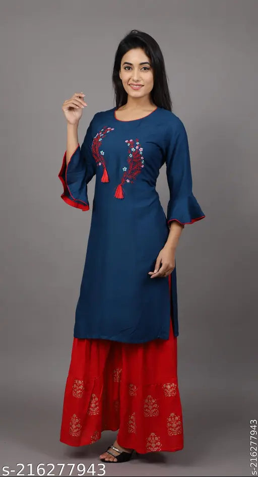 Jolly woman's blue rayon embroidered kurta sharara set