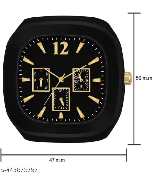 Black sports watch with yellow buckle, square face, and multiple functions
