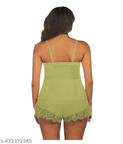 Green nylon nightdress set, sleeveless spaghetti top and shorts for women & girls size 28-36, Indian origin