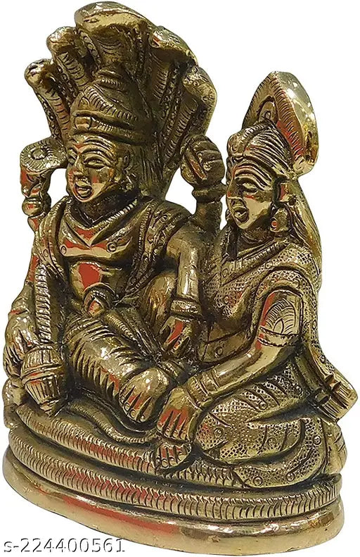 Yellow metal Lord Vishnu with Laxmi resting on Sheshnaabh, intricately handcrafted Indian polyresin god idol, exquisite home decor or gift for families and couples