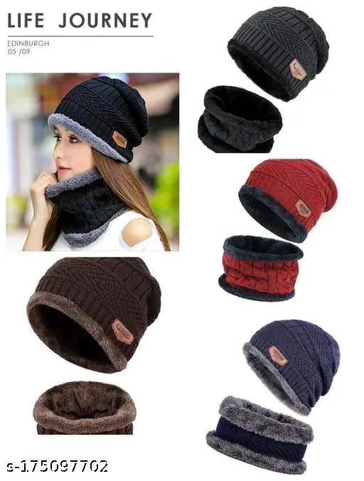Textured multi-color unisex winter beanie & scarf pack, knitted acrylic balaclava cap from India