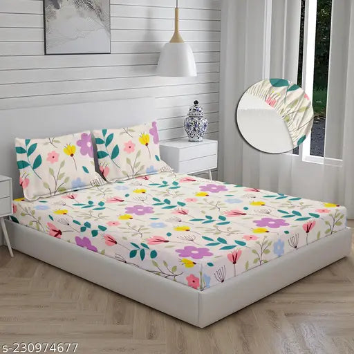 Soft glace cotton botanical print Stylo full size bedsheet with 2 pillow covers, ideal for summer and adults on a double or king-size bed (8-10 inches mattress)