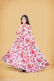 Pink rayon Georgette Anarkali gown with three-quarter sleeves, printed net pattern, featuring traditional Indian design and modern style for young women