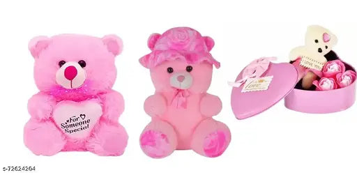 Pink fiber net mono & pink teddy bear, Valentine's gift in heart-shaped box, India-made