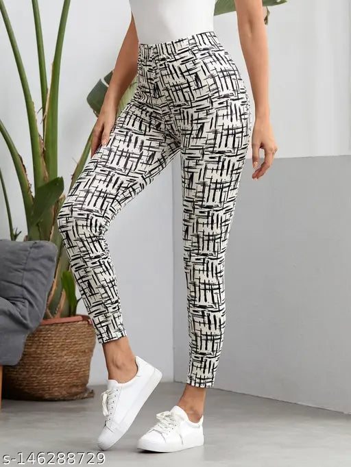 Printed lycra jeggings for women's workout, stylish and full-length bottom, comfortable elastic waist, available in sizes 26, 28, 30, 32. Made in India