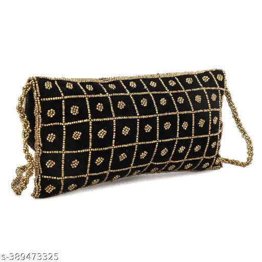 Women's black handcrafted embroidered clutch purse with beaded trim