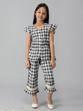 Black pure cotton girl's top & trousers set, checked pattern, 3-4 years, Indian origin