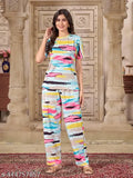 Women's printed polycotton night suit with ankle-length bottoms, side pockets, elasticated sides, and drawstring waist, perfect for sleep, lounge, travel, yoga, gym, parties, or casual wear. Made in India