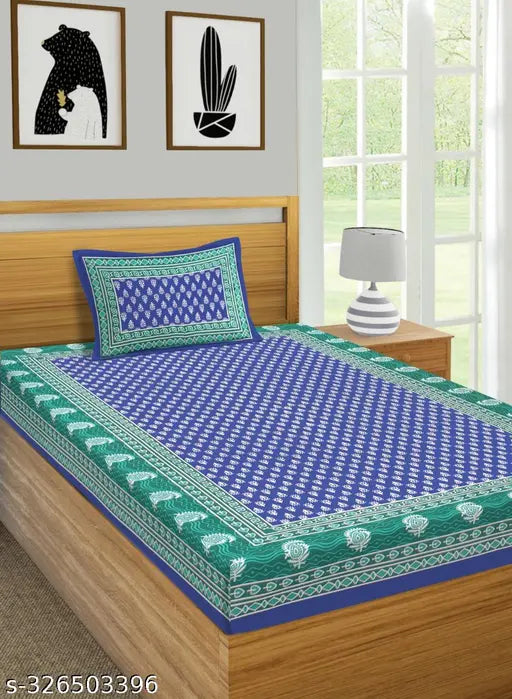 Blue cotton Jaipuri bedsheet combo with pillow cover, 200 thread count.