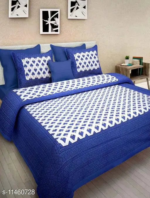 Jaipuri printed cotton double bed sheet with 2 pillow covers, vibrant Indian design on queen-sized bed and pillows