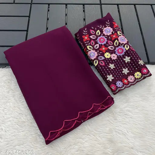 The image displays a royal purple saree with lace borders, placed against a wooden surface