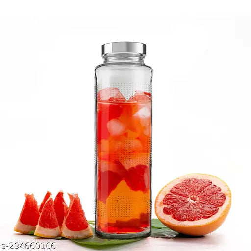 Transparent food-grade glass water bottle (750ml), leak-proof silver cap, perfect for fridge, travel, milk, smoothies, juices. Durable, shatter-resistant, dishwasher safe, BPA-free