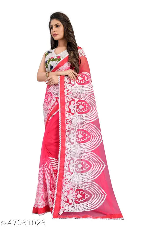 Pink soft net saree by Gazal Fashions, embroidered with satin silk, free-size, 5.5m length