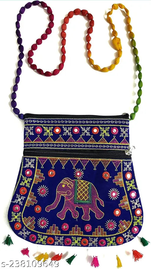 Stylish Rajasthani sling bag with tassels, blue