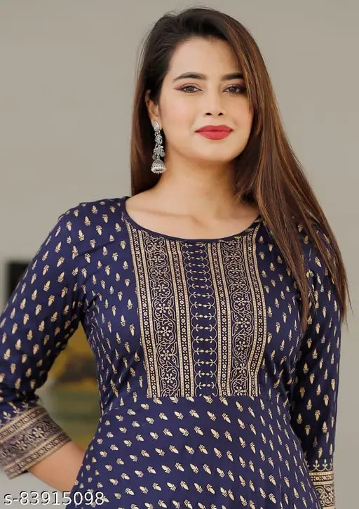 Gold print Anarkali Kurta with three-quarter sleeves on woman, rayon fabric, Indian traditional printed combo style