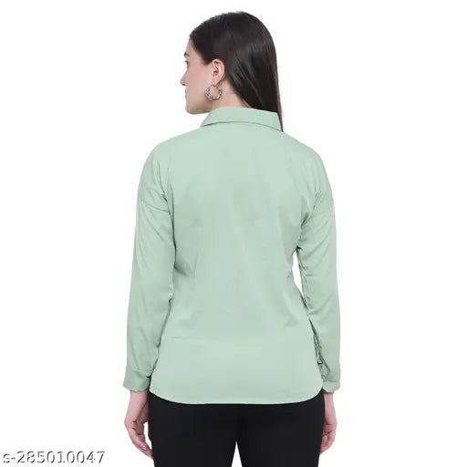 Light green poly crepe casual top with long sleeves and printed pattern by Pravya, women's clothing from India