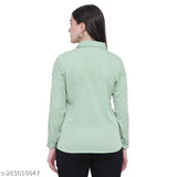 Light green poly crepe casual top with long sleeves and printed pattern by Pravya, women's clothing from India