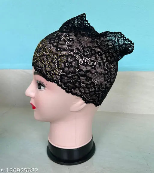 Black hijab cap with a floral lace design, net band head wrap