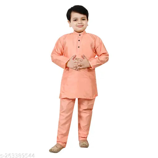 Peach-orange cotton blend kurta pyjama set with waistcoat for boys, royal look Indo Western boys ethnic wear