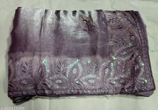 Embellished chiffon saree 'soul mate 2', single free size Indian design with running blouse, intricate net pattern