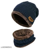 Navy blue woolen cap with matching touch-sock set, featuring full fur lining and cozy faux-fur cuffs for girls. Comfortable and warm accessory perfect for colder weather, pairs well with any outfit