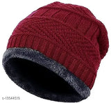 Maroon wool beanie cap, thick fleece lining, unisex winter hat