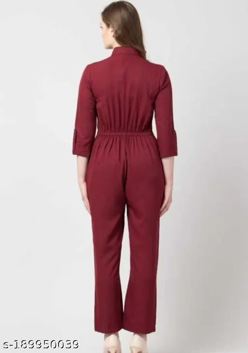 Solid crepe Mehroon collar jumpsuit, Indian-made women's fashion for formal events with three-quarter sleeves