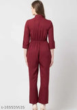 Solid crepe Mehroon collar jumpsuit, Indian-made women's fashion for formal events with three-quarter sleeves