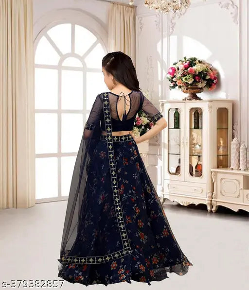 Art Silk girls' floral lehenga choli with organza dupatta and short sleeves, traditional Indian ethnic wear for ages 5-12 years