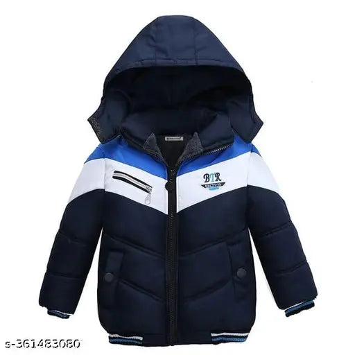 Boys' navy jacket with white stripe on hood