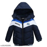Boys' navy jacket with white stripe on hood