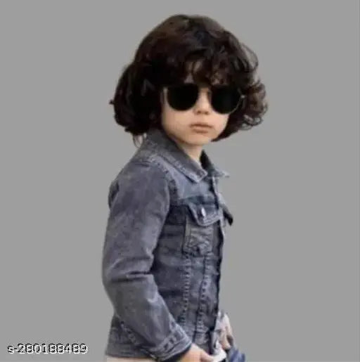Fancy girl and boy winter jackets, blue denim with sunglasses, black trim