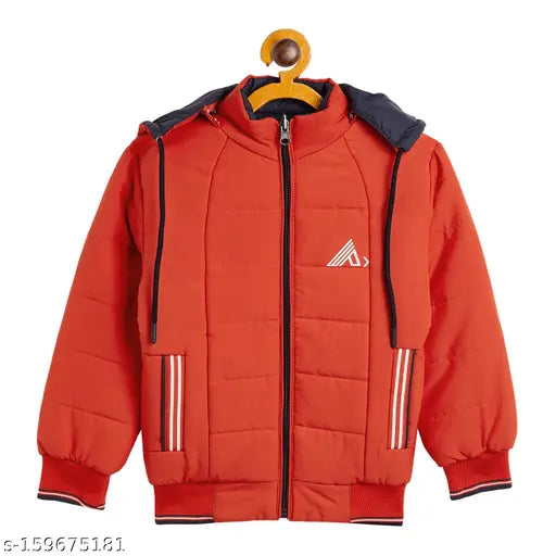 Red and black padded jacket with a logo patch on the chest