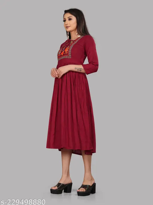 Red long kameez dress, printed design, women's fashion