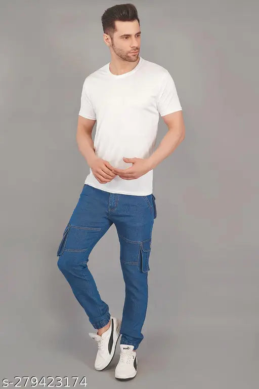 Nivasu blue denim cargo jogger for men - Solid denim, high-quality jogger pants in size 28, 30, 32, 34, 36 (IN) from India