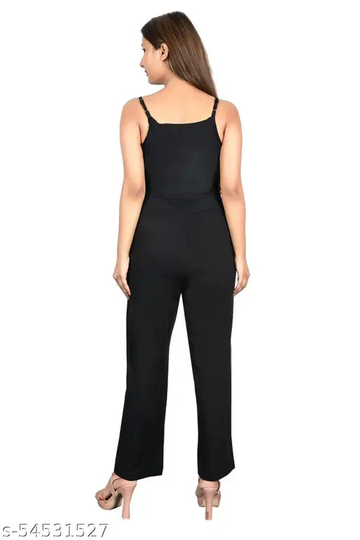 Solid black polyester jumpsuit for ladies, casual and sleeveless, full length with straight hemline, comfortable fit for women