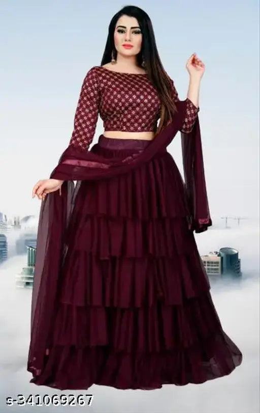 Satin and net HiChoiceTrends Lehenga Choli with zari top, solid dupatta. Traditional Indian bridal wear on display." (104 characters)