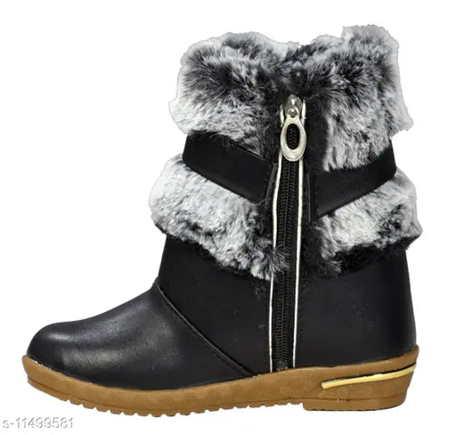 Stylish synthetic leather boots for girls (15-3.5 years), solid pattern with zip net detail, casual high ankle design, India origin