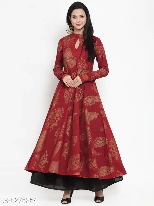 Gold-printed cotton Anarkali flair kurti with long sleeves, ideal for women's traditional Indian wear