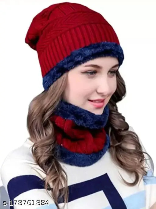 Maroon winter wool cap with neck warmer combo for women, knit design