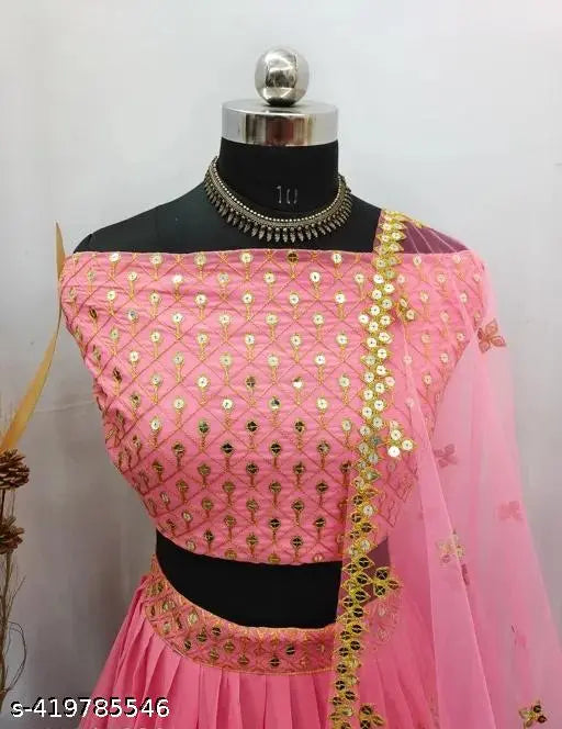 Fancy Georgette Lhenga Choli, embroidered top with matching embellished dupatta, free size Indian bridal wear