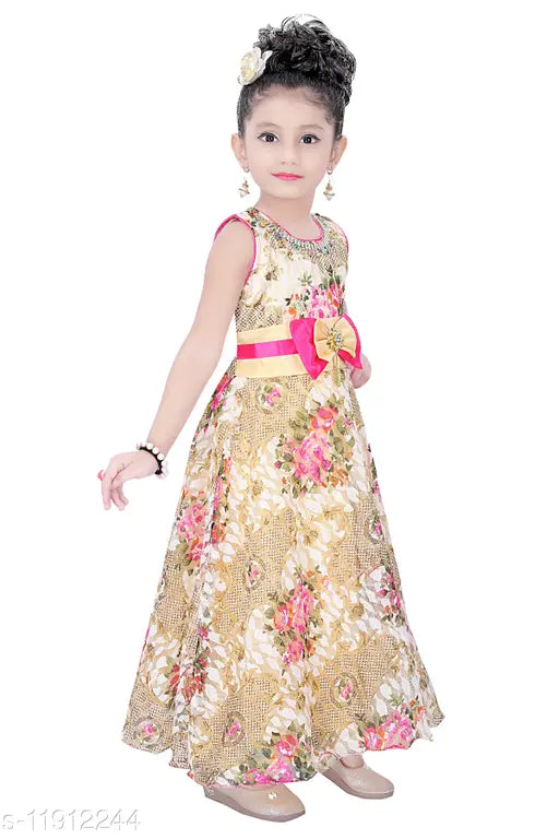 Floral print dress, yellow and pink pattern, sleeveless top, long skirt, gold trim around hem