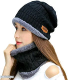 Stylish black wool beanie hat with ear flaps and logo embroidered on front